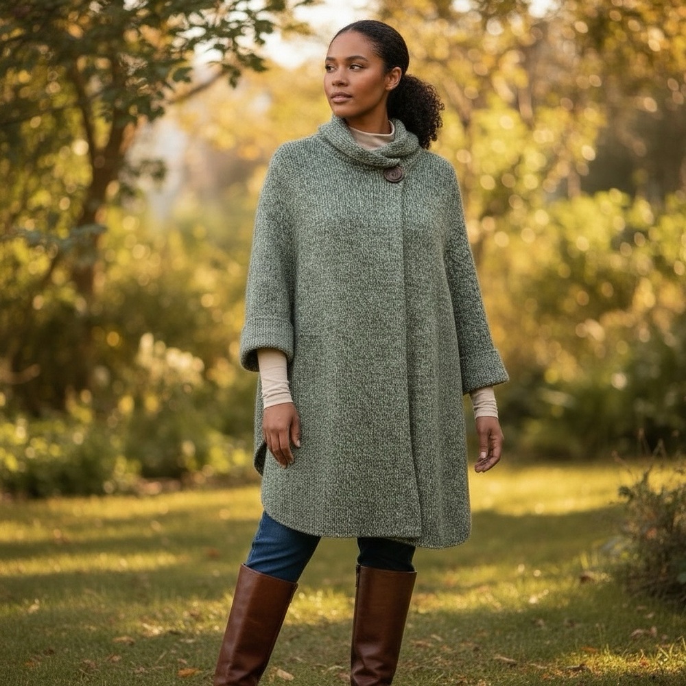 Soft Surroundings Wool Blend Button Drape Cardigan Sweater Green Marled Size 1X